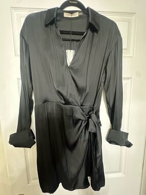 Mustard Seed Black Satin Wrap Mini Dress